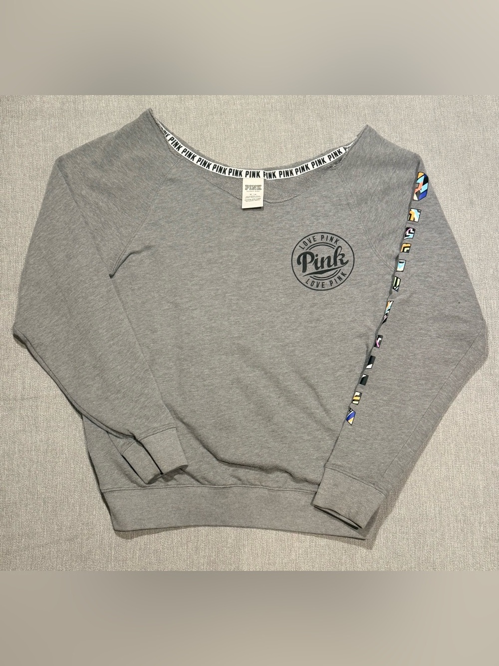 Victoria's Secret PINK Gray Logo Off the Shoulder Sweatshirt with Graphic Sleeve